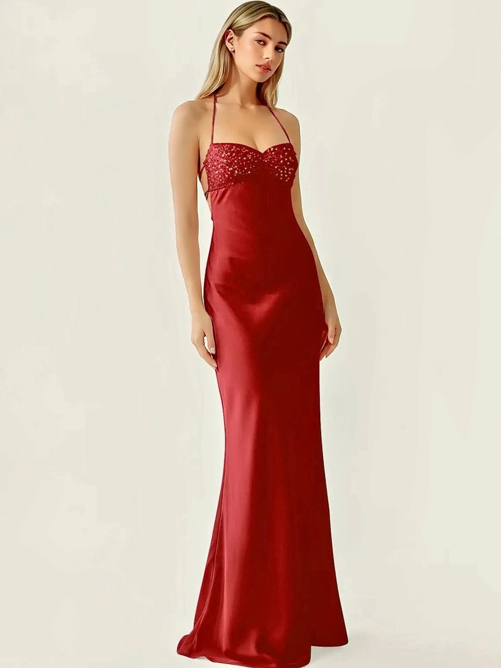 Azazie Satin Vacation Dress Red Satin Maxi Dress Size 2 Like New
